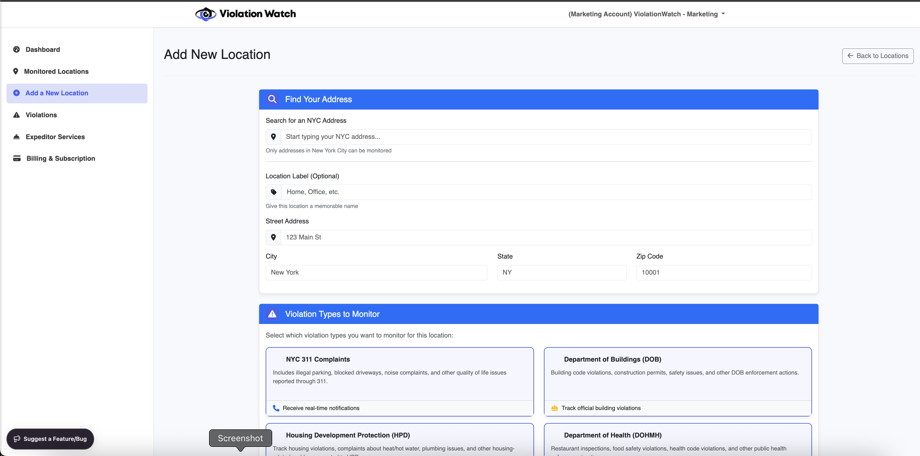 Add a new NYC location — address lookup form with agency selection for DOB, HPD, DOHMH