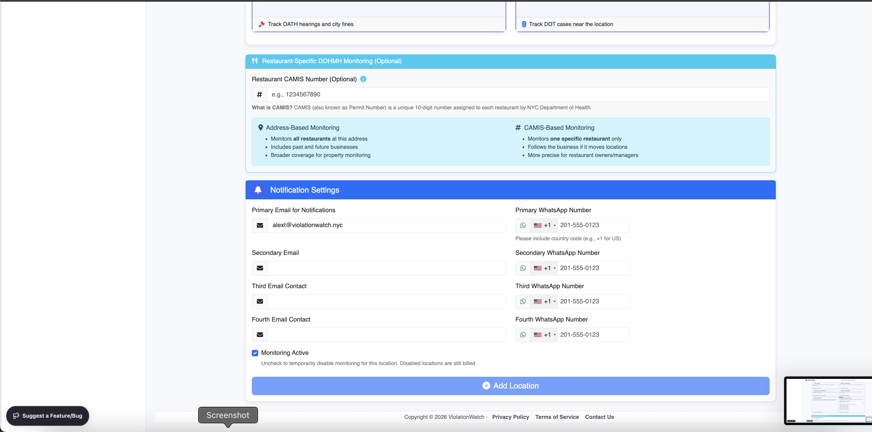 Notification routing — primary email, primary WhatsApp, secondary and tertiary contacts