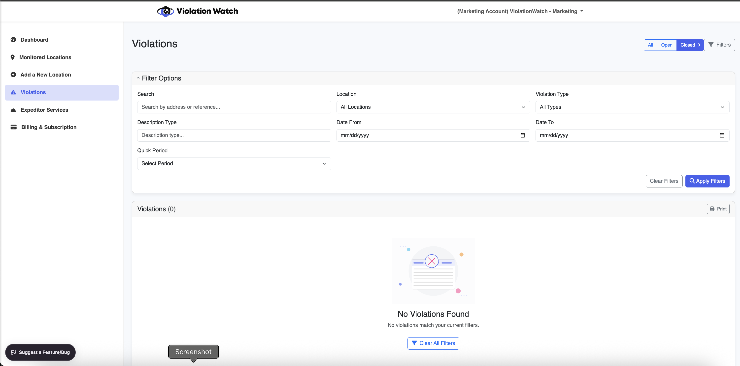 Violations feed with filters — search by address, location, violation type, date range, and status
