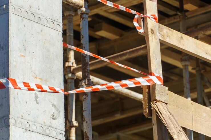 An outdoor construction site Construction of a new building Block construction reinforced concrete beams and wooden floors and roofs