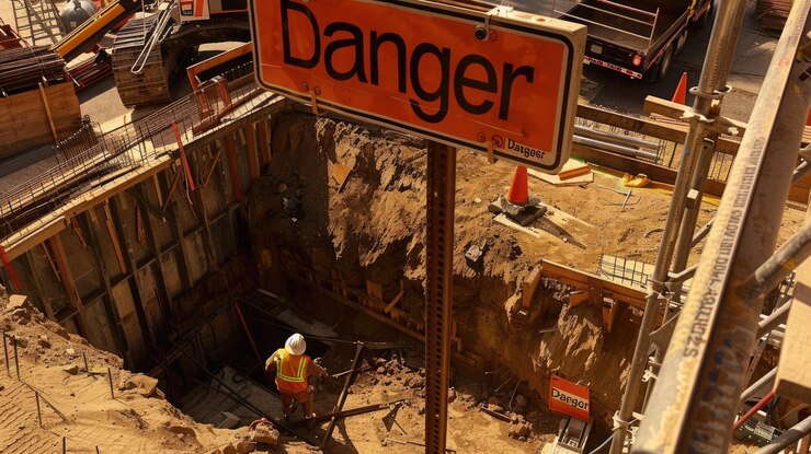 Smart worker in a safety vest at a roadwork site with heavy machinery aigf
