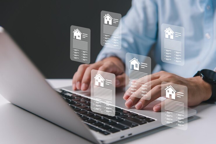 Real estate concept business home insurance and real estate protection Buy and sell houses and real estate online on a virtual screen