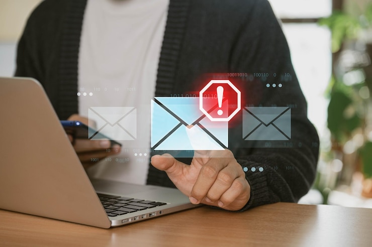 A businessman using a laptop at home is receiving email warning alerts about spam viruses and hackers as well as network security concept