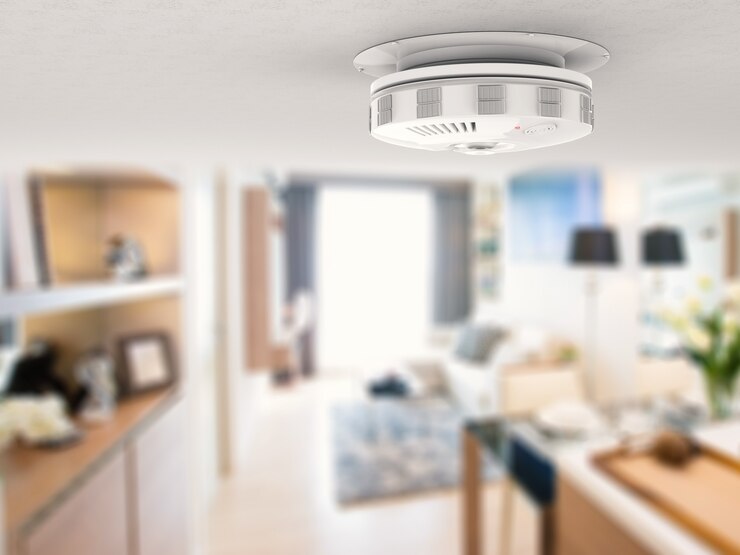 3d rendering smoke detector on ceiling