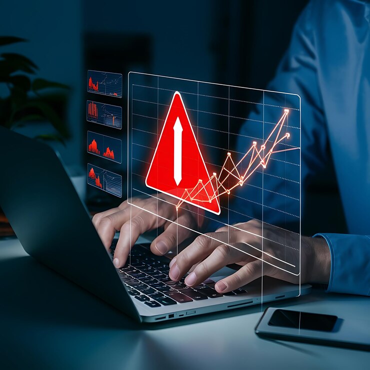 a man is working on a laptop with a red triangle on the screen