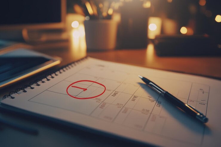 Detailed planner with marked deadlines and writing instruments on a desk in a cozy evening setting