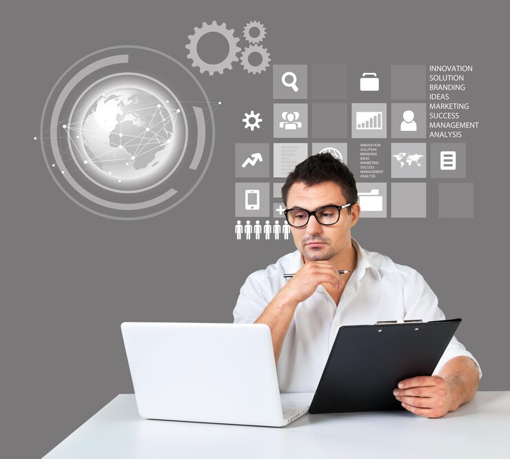 Young business man in suit work with laptop